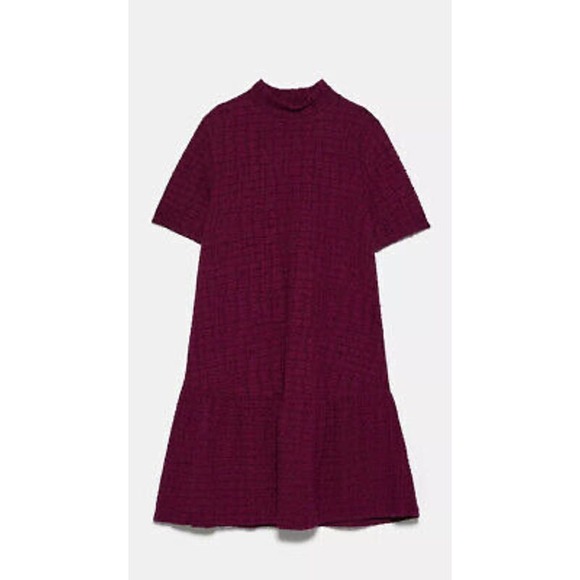 Zara EUC Mock Neck Textured Ruffle Black Short Sleeve Dress Size S Midi - Picture 2 of 7